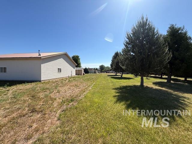 1095 County Road 70 Weiser, ID 83672 - Photo 7 of 44 Expansive lawn area featuring a row of mature evergreen trees and a white vinyl-sided structure with a red metal roof