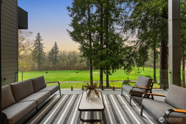 a view of a patio with couches table and chairs under an umbrella with large trees