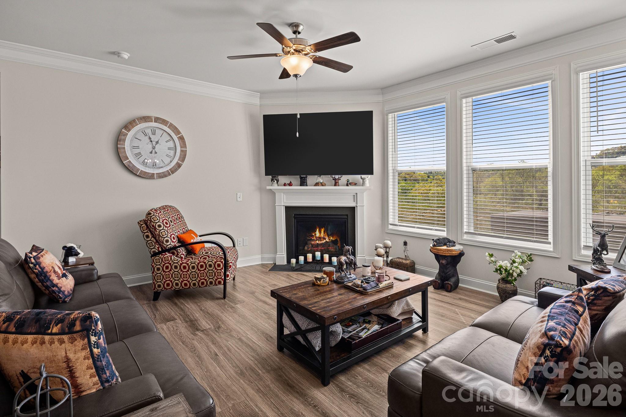 199 Fox Cove Road Hendersonville, NC 28792 - Photo 13 of 48 a living room with furniture a flat screen tv and a fireplace