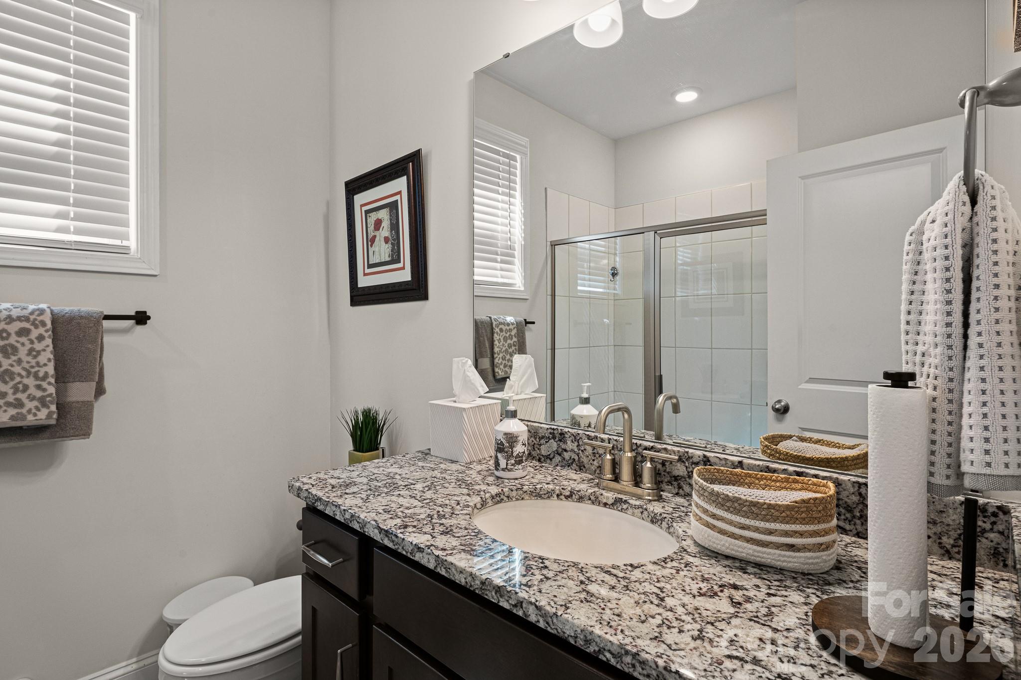 199 Fox Cove Road Hendersonville, NC 28792 - Photo 14 of 48 a bathroom with a granite countertop sink mirror and toilet