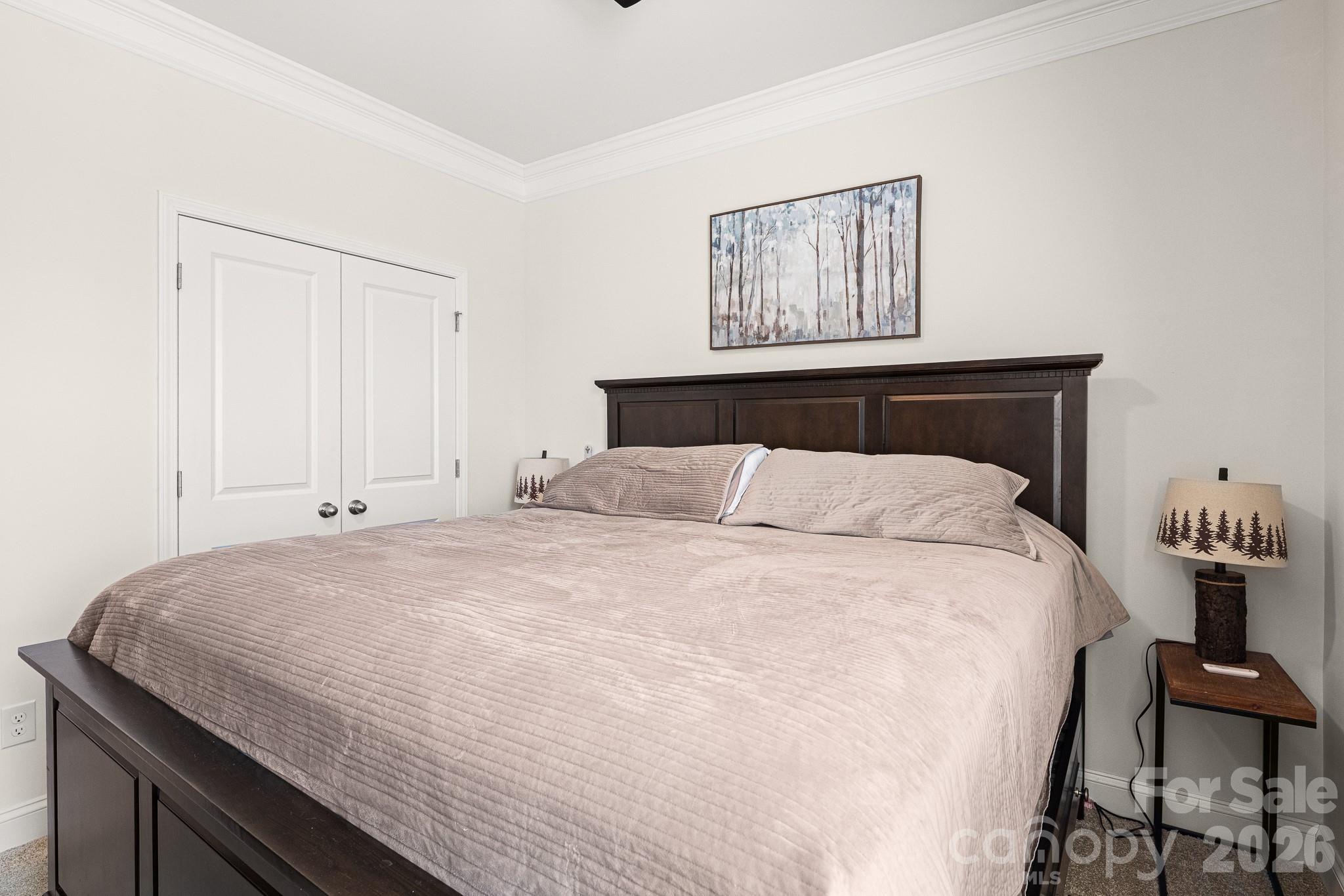199 Fox Cove Road Hendersonville, NC 28792 - Photo 17 of 48 a bedroom with a bed and a lamp on table