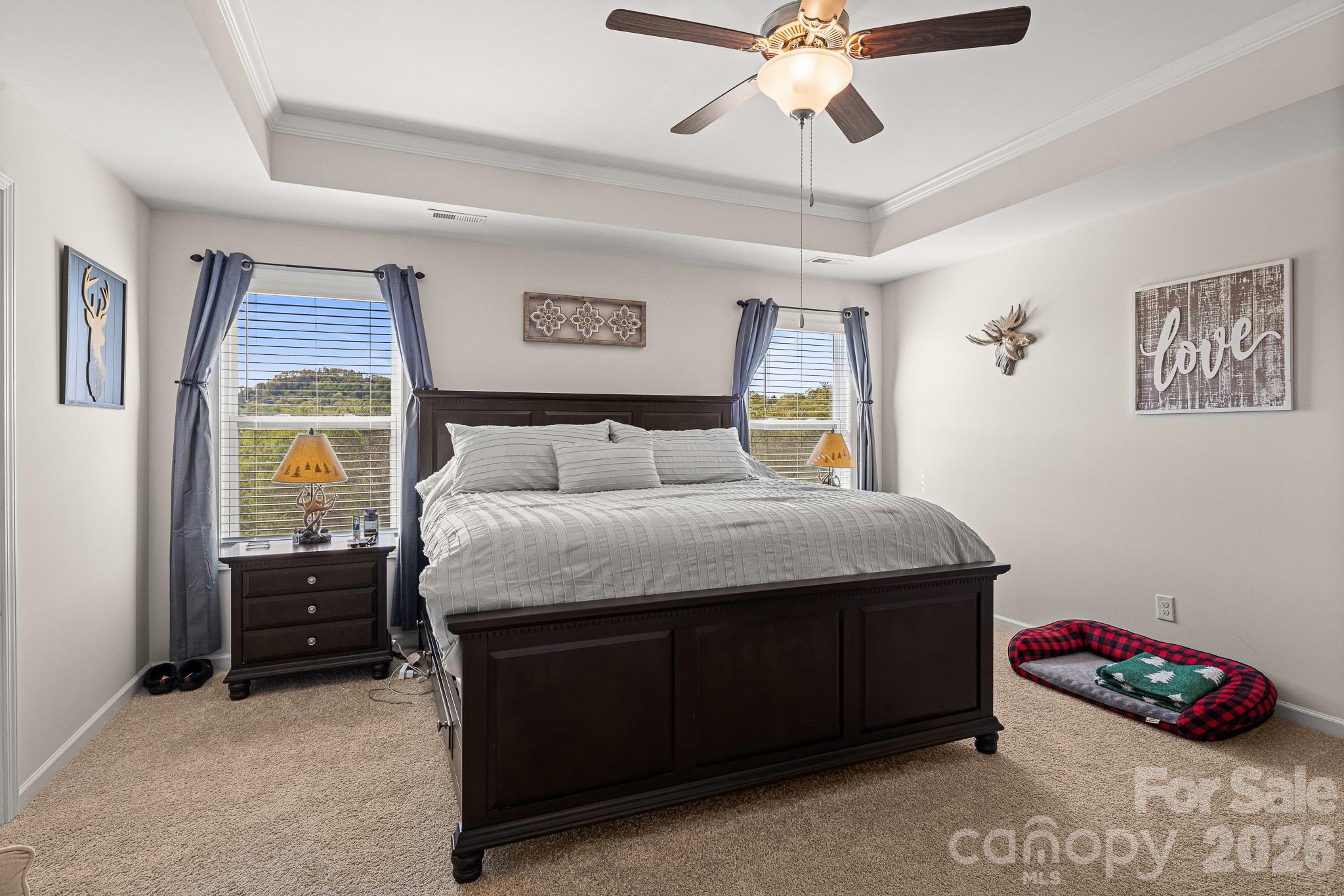 199 Fox Cove Road Hendersonville, NC 28792 - Photo 23 of 48 a bedroom with a bed and a chandelier