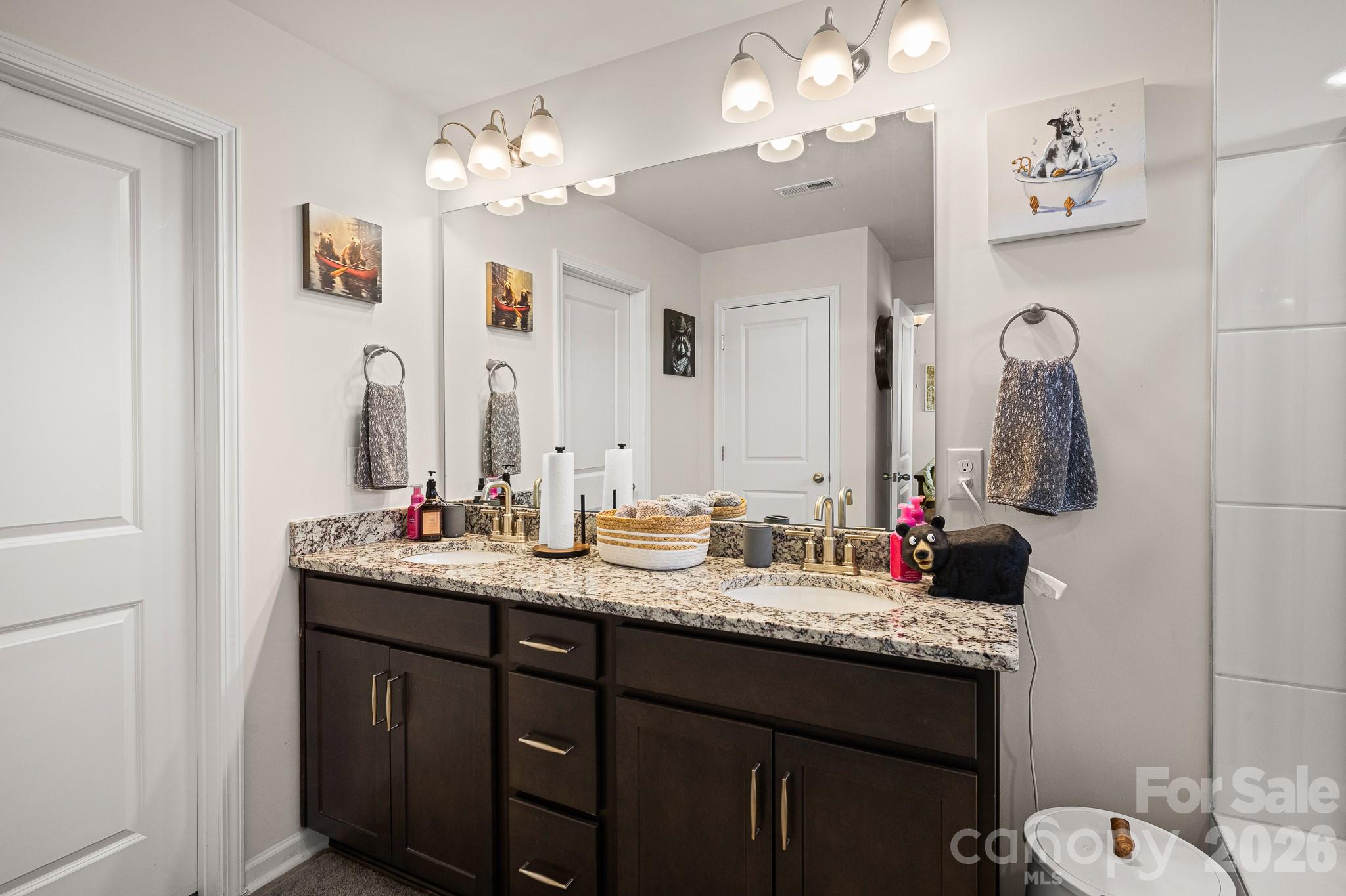 199 Fox Cove Road Hendersonville, NC 28792 - Photo 27 of 48 a bathroom with a granite countertop sink and a mirror