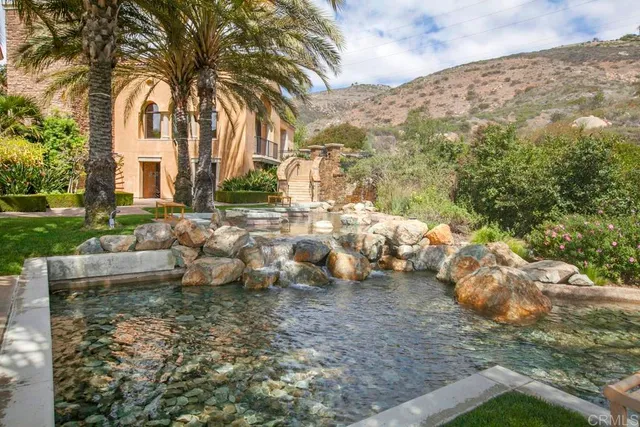 a view of yard with swimming pool and green space