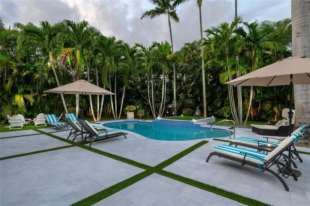 a garden view with a seating space