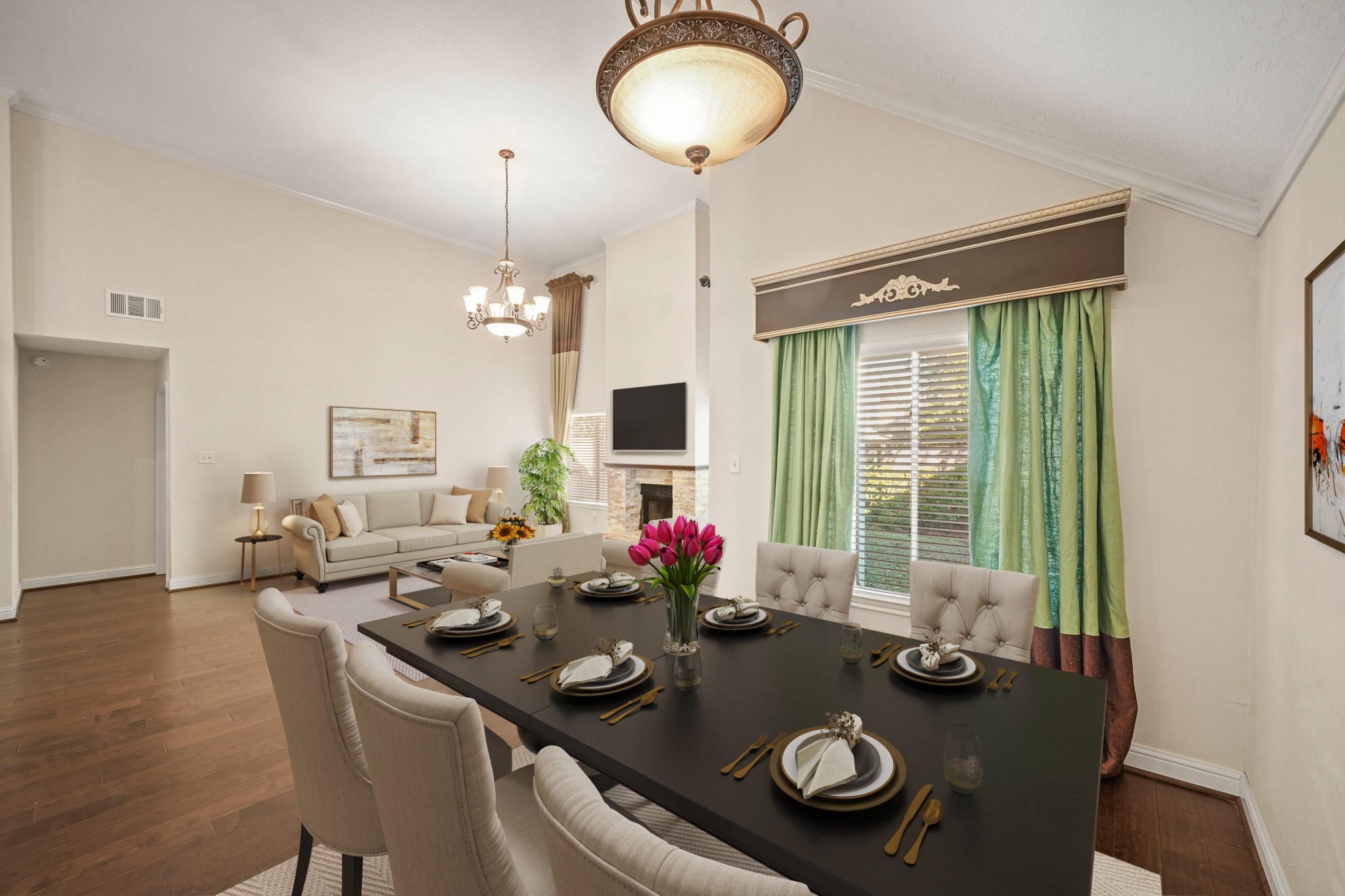 1641 Beaconshire Houston, TX 77077 - Photo 17 of 27 Virtually Staged: The living room flows effortlessly into the dining space, where vaulted ceilings and elegant light fixtures add a touch of sophistication.