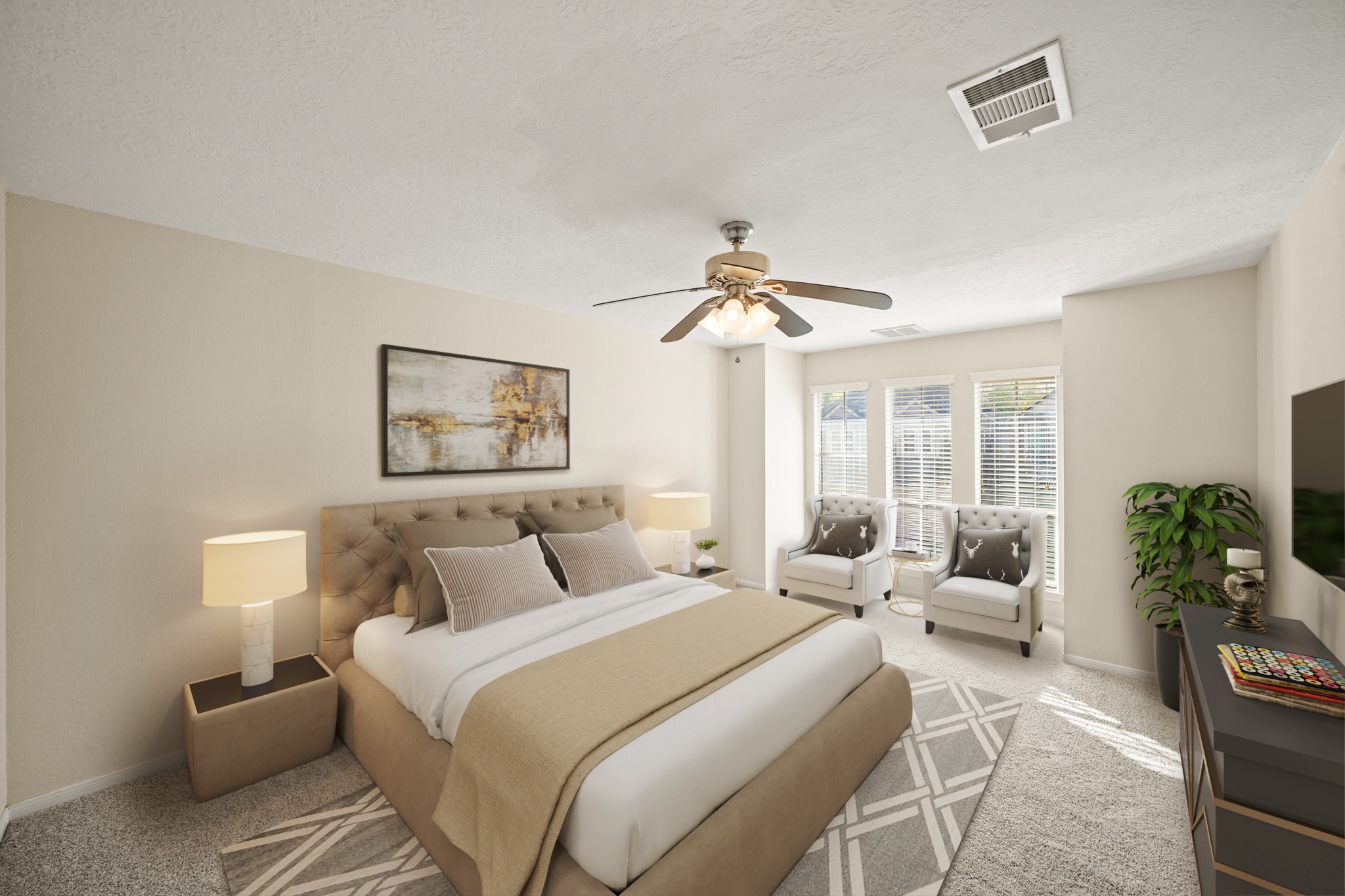 1641 Beaconshire Houston, TX 77077 - Photo 22 of 27 Virtually Staged: This spacious secondary bedroom offers a warm and inviting atmosphere with carpet floors, and abundant natural light. A large window-lined sitting area creates the perfect nook for reading or relaxation. A ceiling fan provides added comfort, and the room’s soft, modern design makes it a versatile space for guests, children, or a comfortable home retreat.