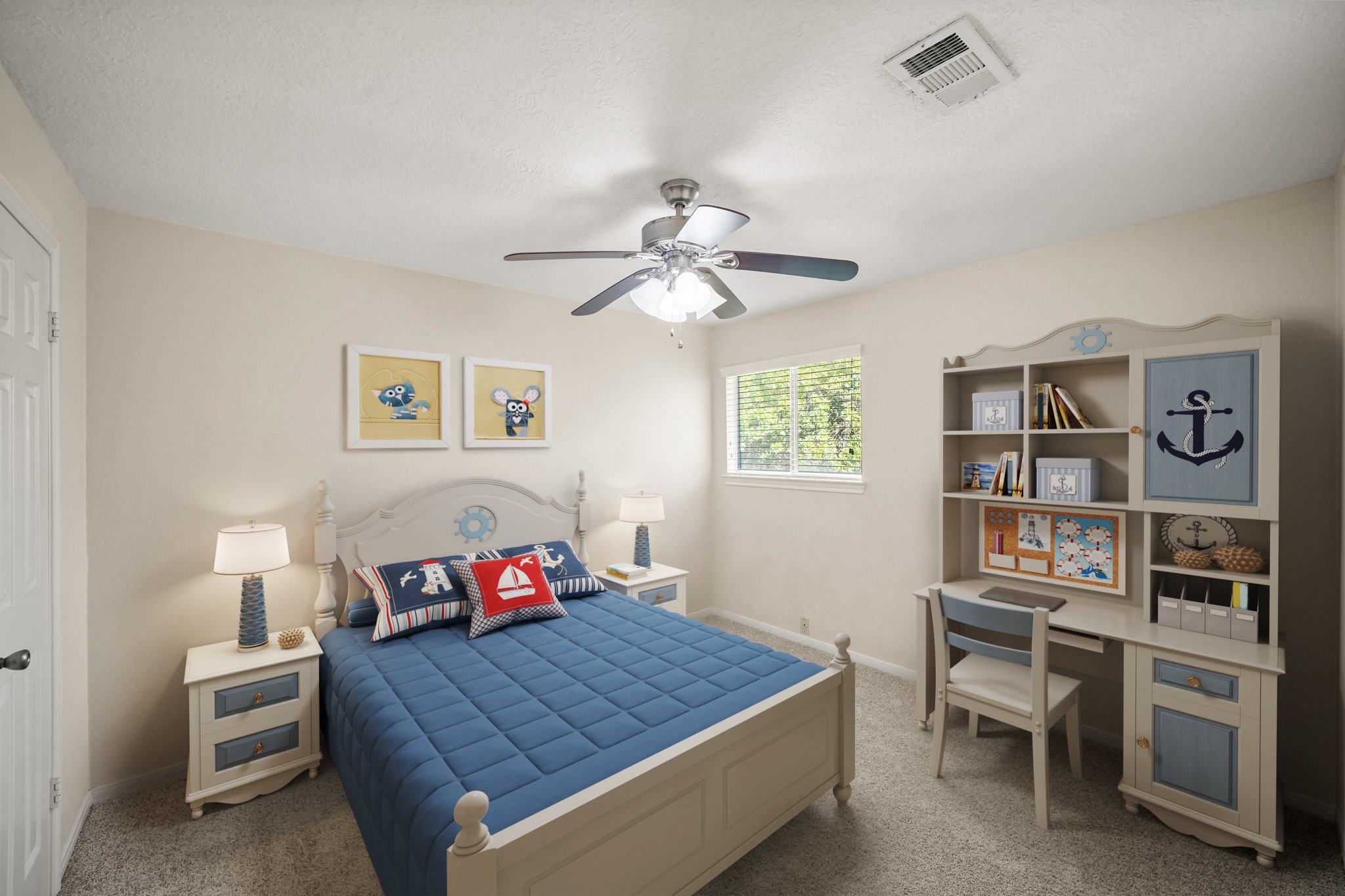 1641 Beaconshire Houston, TX 77077 - Photo 23 of 27 Virtually Staged: Secondary bedroom with carpet floors, a ceiling fan, and a window with privacy blinds. It is complete with a built-in closet.