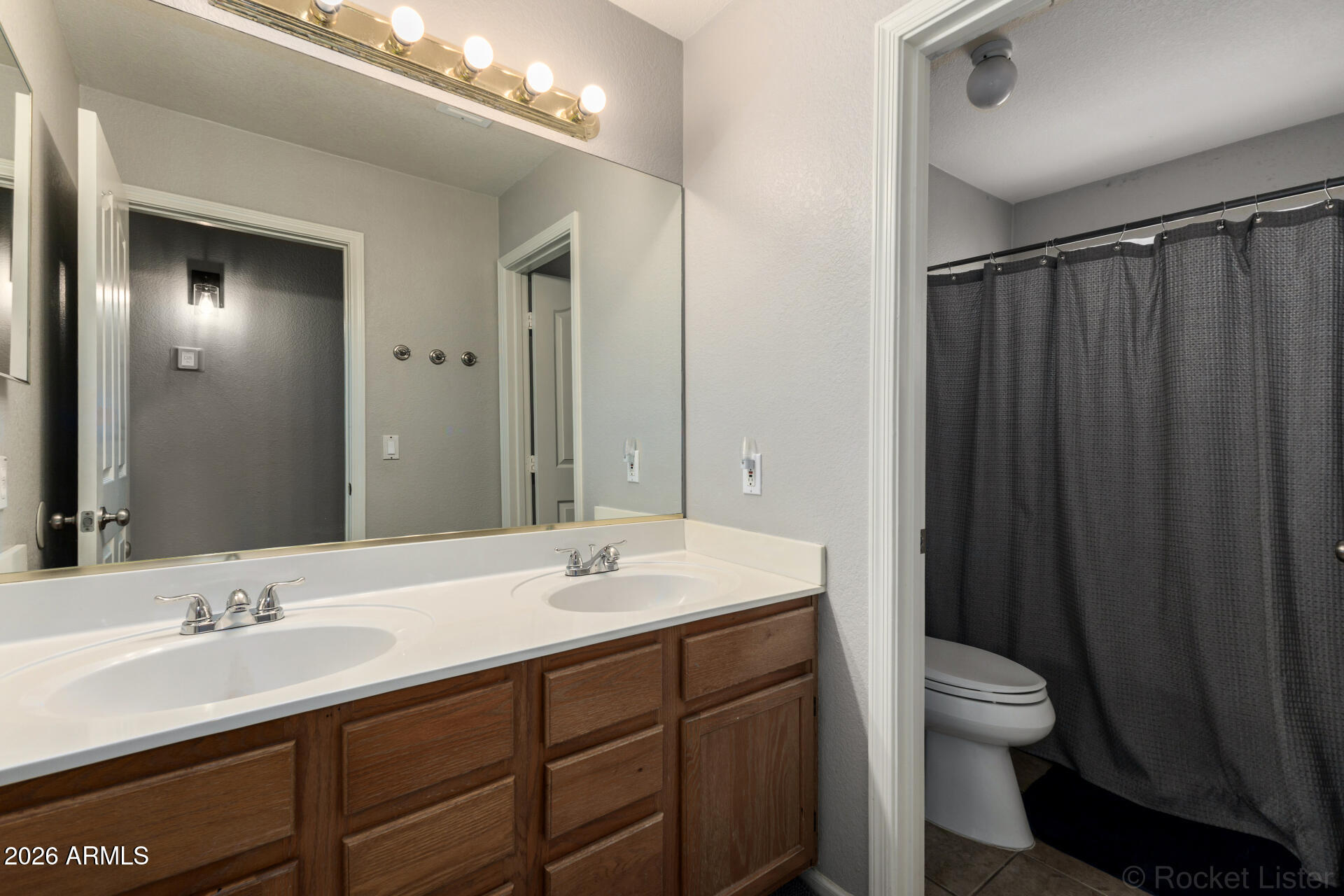 314 South Sandstone Street Gilbert, AZ 85296 - Photo 37 of 58 a bathroom with a double vanity sink toilet and a mirror