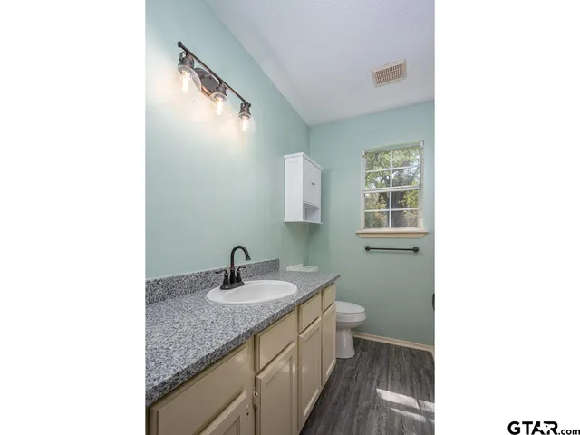 a bathroom with a granite countertop sink and a mirror