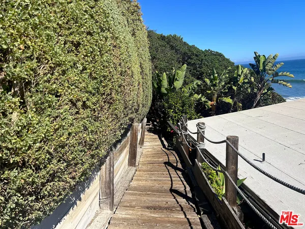 a view of a balcony with wooden floor and potted plants