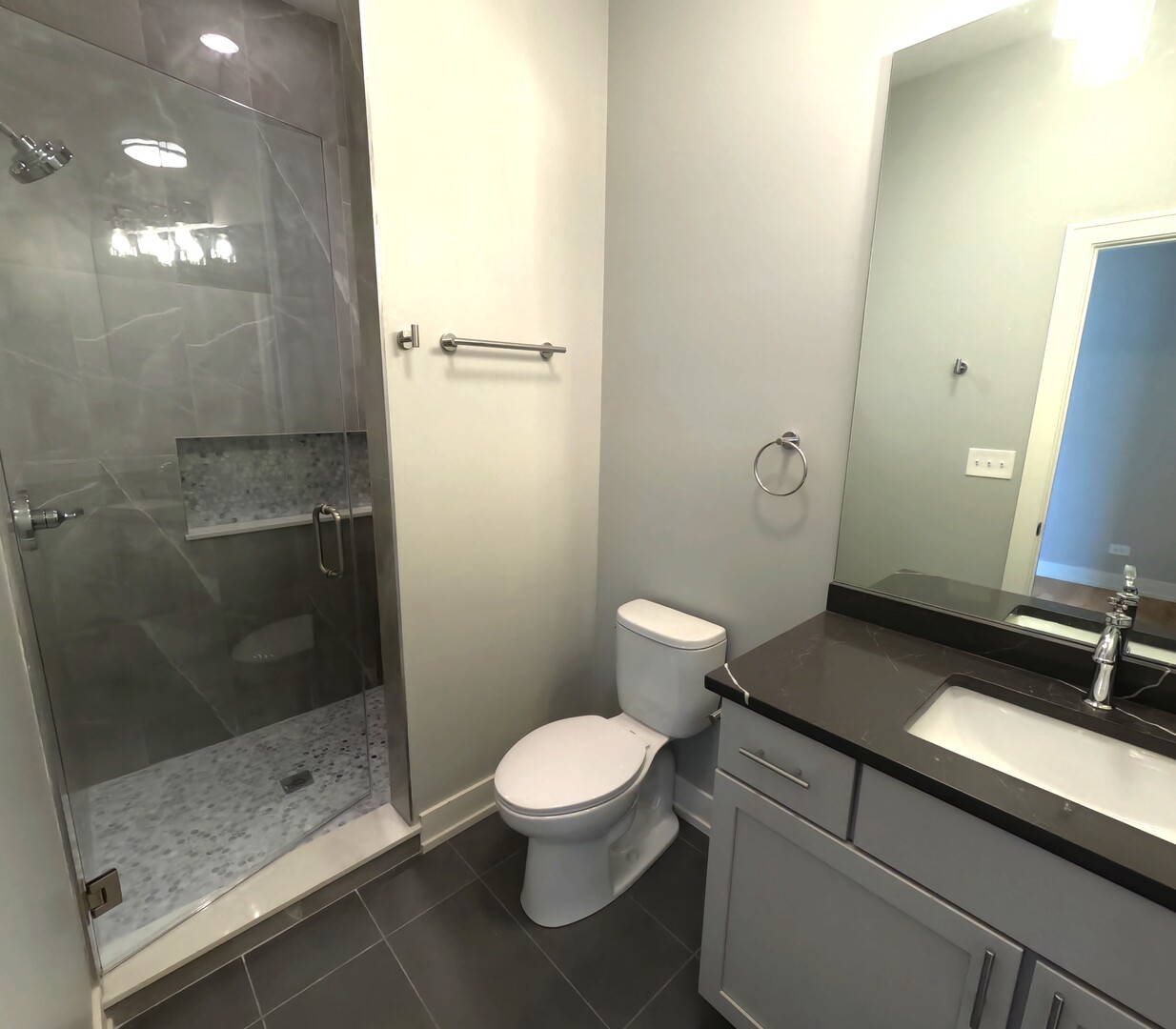 2100 West 18th Place, Unit 401 Chicago, IL 60608 - Photo 10 of 13 a bathroom with a sink a toilet a mirror and shower