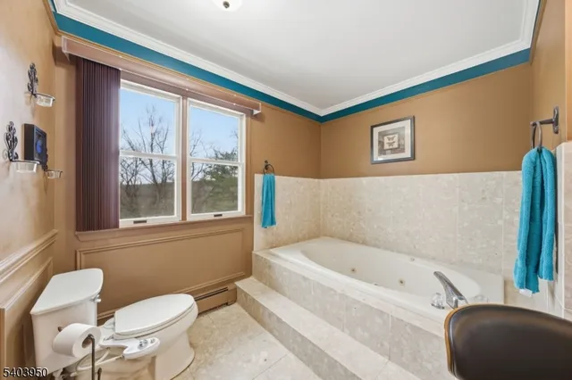 a bathroom with a bathtub and a toilet