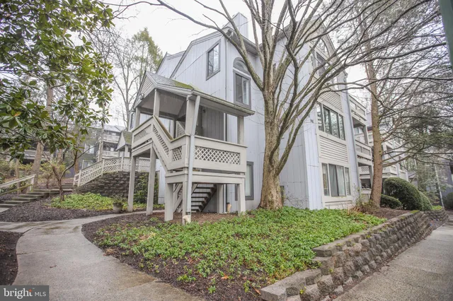 a view of a white house with a large tree