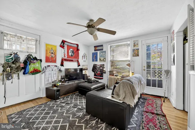 a living room with furniture ceiling fan and a rug