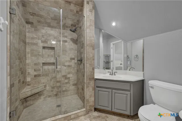 a bathroom with a shower sink vanity mirror and toilet