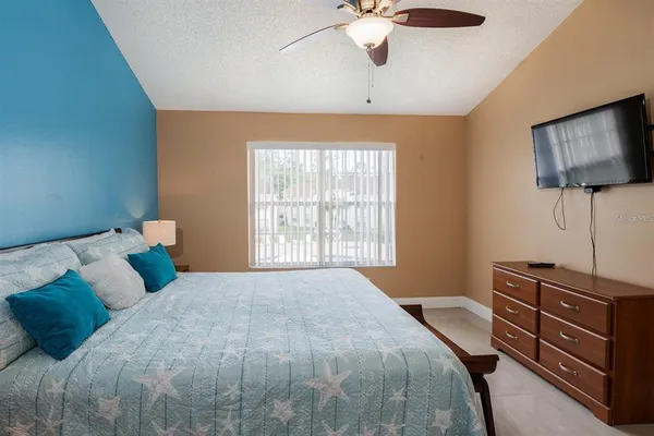 a bedroom with a bed and a flat screen tv