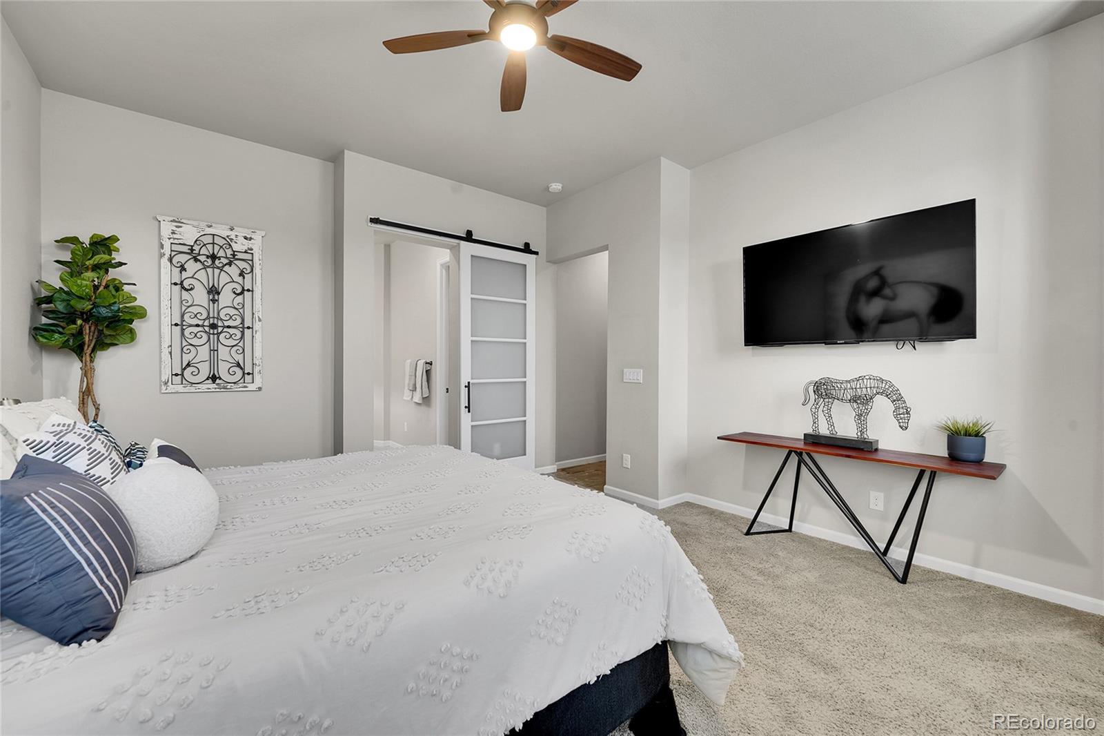 3429 Goodyear Street Castle Rock, CO 80109 - Photo 12 of 32 a bedroom with a bed a flat screen tv and a chandelier