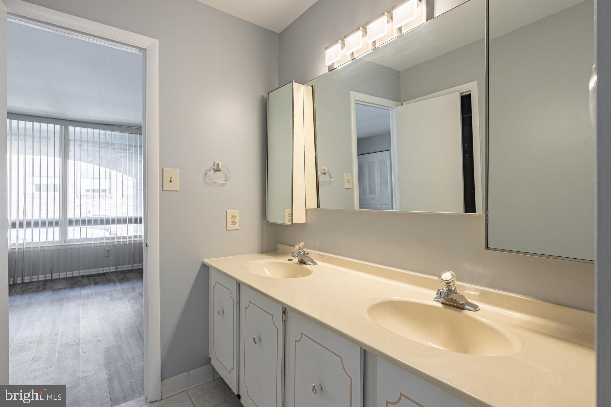 1765 South Hayes Street, Unit A Arlington, VA 22202 - Photo 8 of 21 a bathroom with a double vanity sink a mirror and a shower