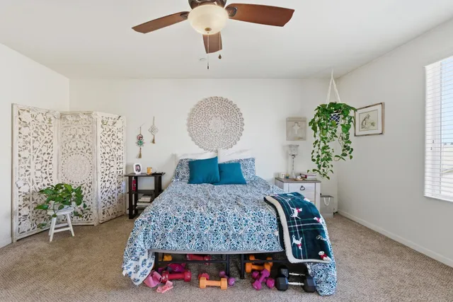 a bedroom with a bed a dresser and potted plant
