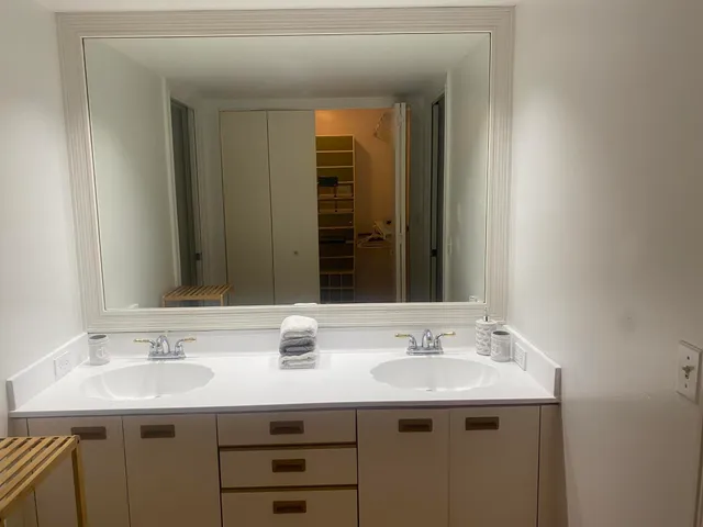 a bathroom with a sink a mirror and a shower