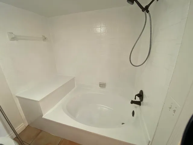 a bathroom with a bathtub and a toilet