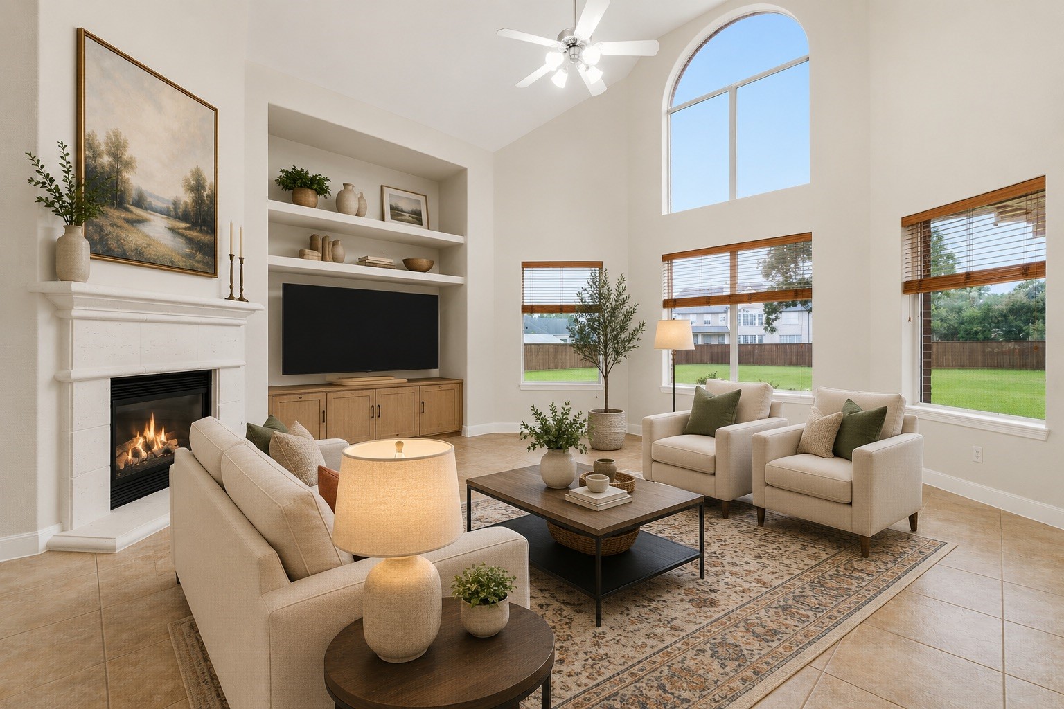 2716 Silverstone Way Conroe, TX 77304 - Photo 6 of 27 Spacious living room features a fireplace for chilly evenings. Virtually staged.