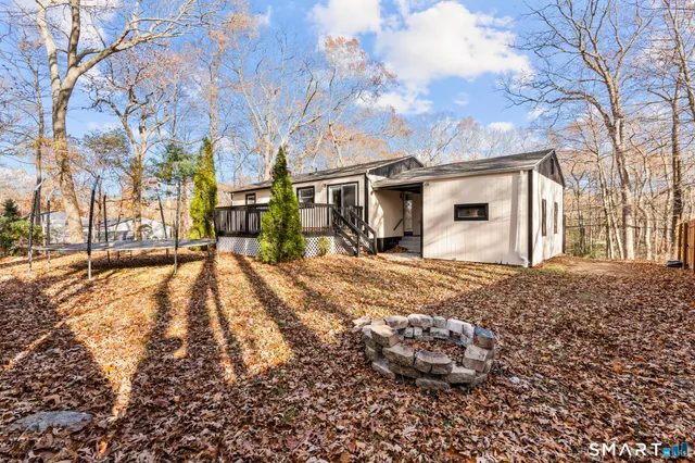 a view of a yard with a large tree