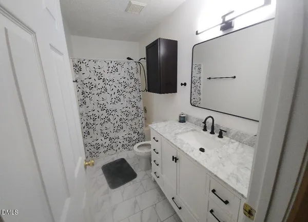 a bathroom with a granite countertop sink a toilet and shower