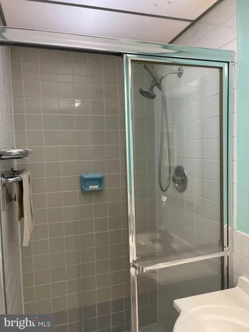 a bathroom with a shower and a sink