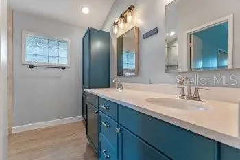 a bathroom with a shower and a sink