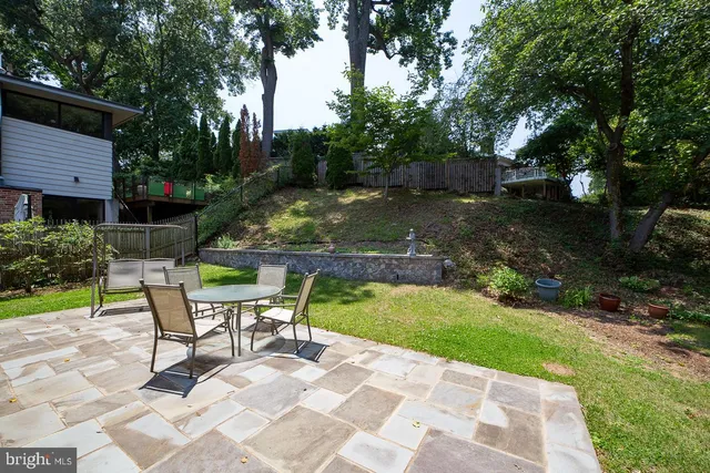 a view of backyard with swimming pool and sitting area