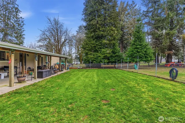 a view of a house with backyard and a tree