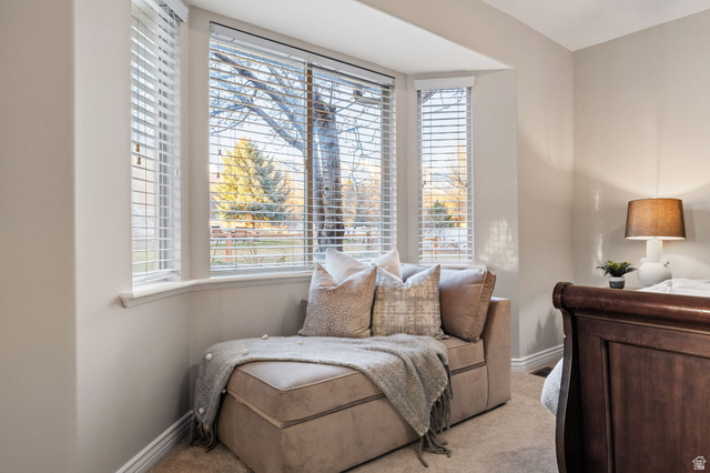 6208 West Bull River Road Highland, UT 84003 - Photo 33 of 90 Bay window with white blinds and trim, featuring light-colored walls and wall-to-wall carpeting