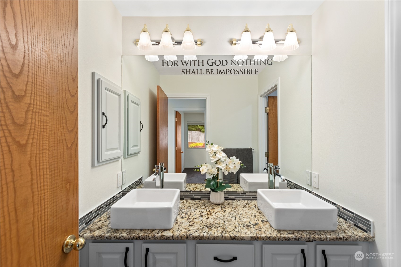 5316 152nd Place Southeast Everett, WA 98208 - Photo 22 of 37 a bathroom with a granite countertop sink and a mirror