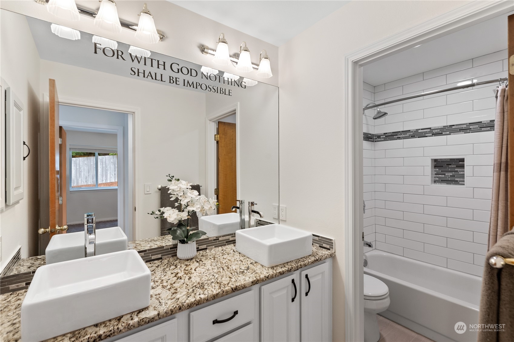 5316 152nd Place Southeast Everett, WA 98208 - Photo 23 of 37 a bathroom with a granite countertop sink and a mirror