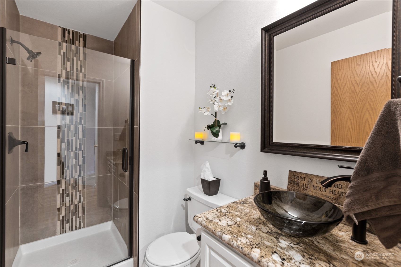 5316 152nd Place Southeast Everett, WA 98208 - Photo 10 of 37 a bathroom with a granite countertop sink and a mirror