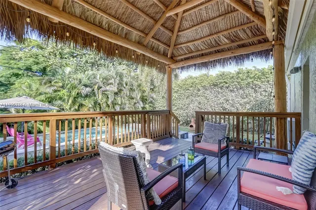 a view of a chair in wooden deck