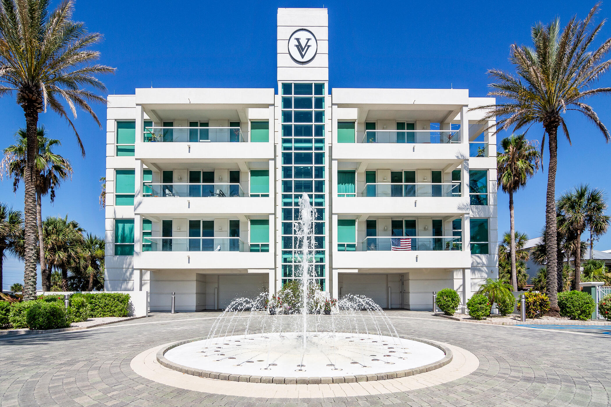 a front view of a multi story building