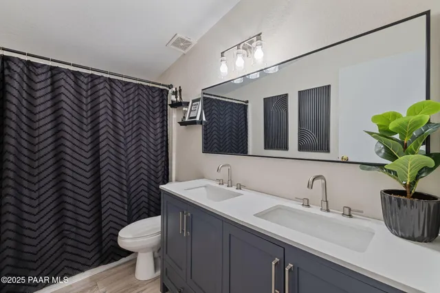 a bathroom with a sink mirror vanity and toilet
