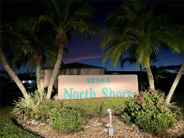 a view of a palm tree with flower plants