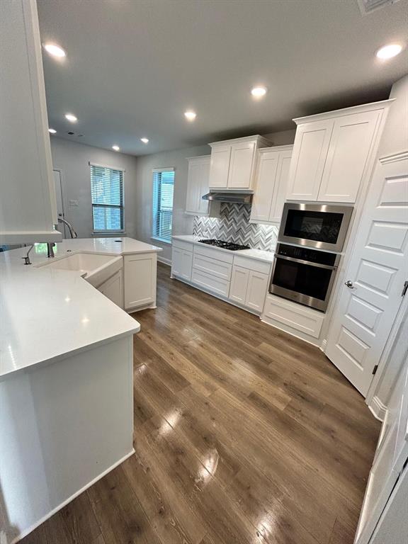 1704 Dunbrook Road McKinney, TX 75071 - Photo 7 of 17 Kitchen featuring white cabinetry, recessed lighting, dark wood finished floors, stainless steel appliances, and decorative backsplash