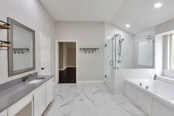 a bathroom with a double vanity sink a large mirror and shower