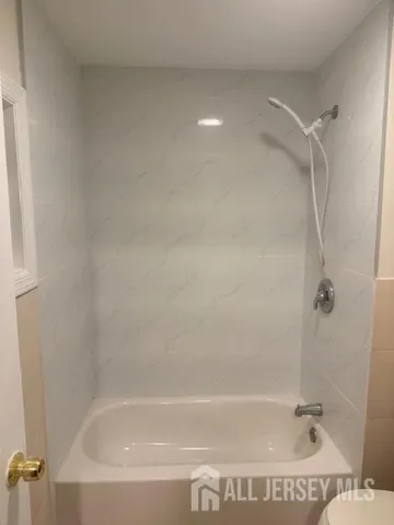 a bathroom with a bathtub and a shower