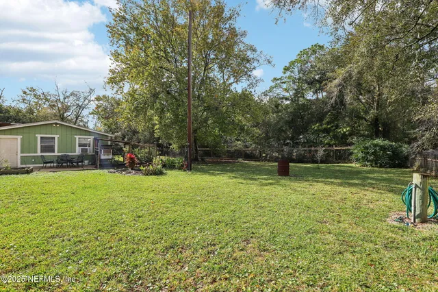 a view of a park with large trees