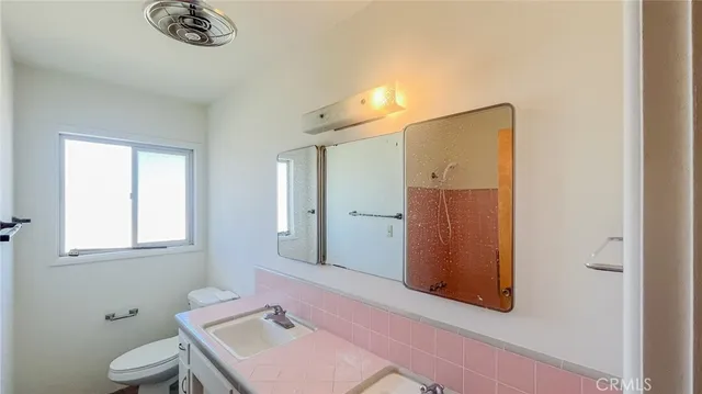 a bathroom with a sink a toilet and a mirror