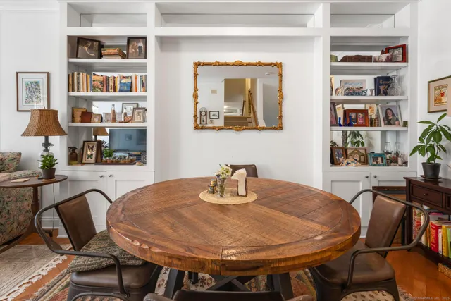 a view of a dining room with furniture