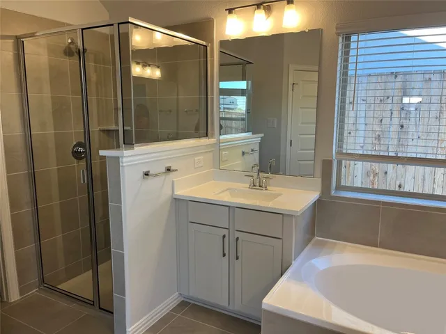 a bathroom with a sink mirror and shower