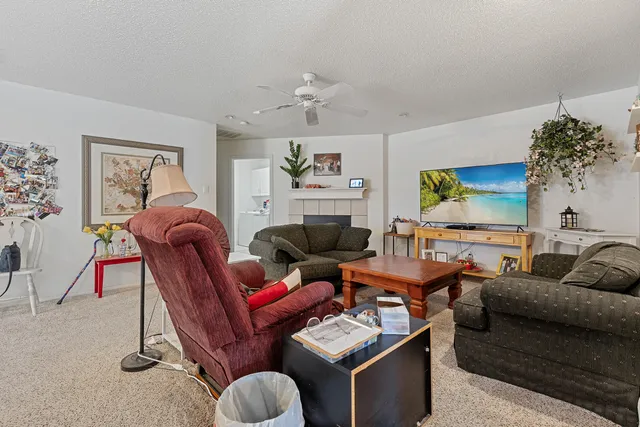 a living room with furniture a chandelier and a potted plant