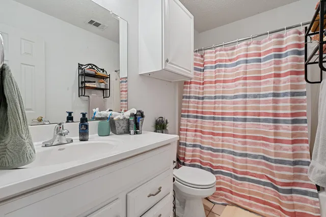a bathroom with a sink a toilet and shower curtain